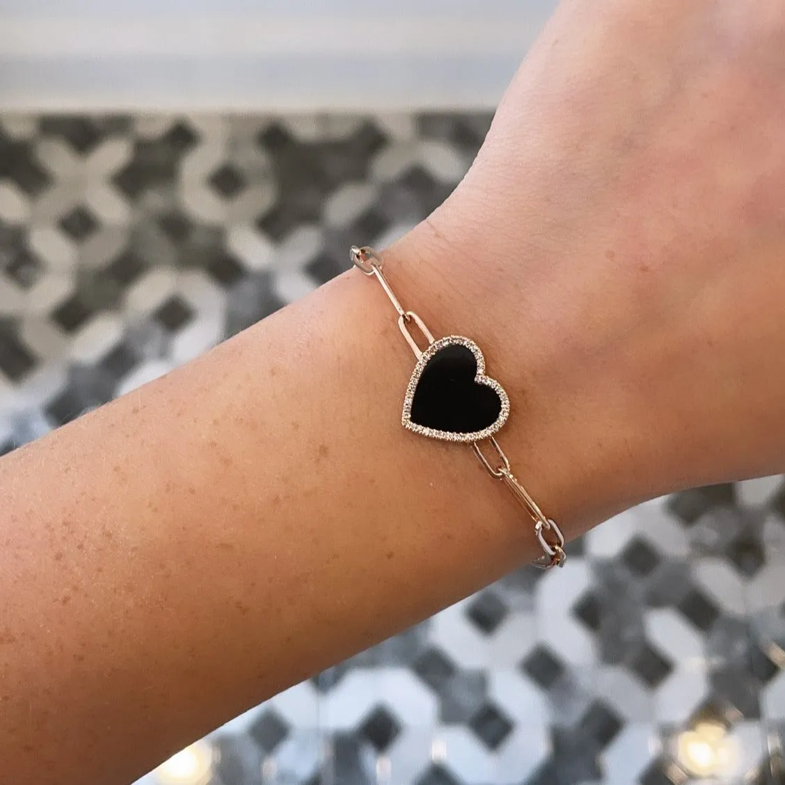 14K GOLD DIAMOND BLACK AGATE HAILEY PAPERCLIP BRACELET