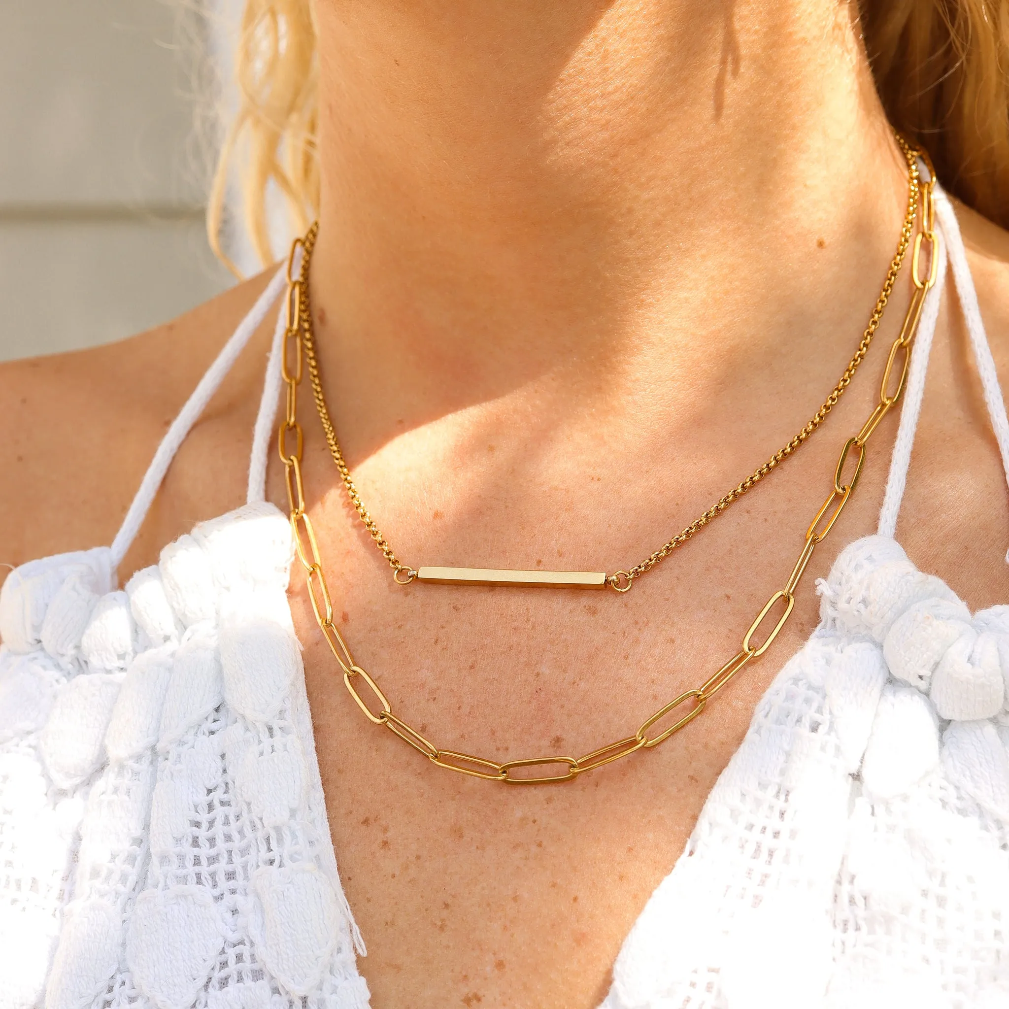 18K Gold PVD Stainless Steel Paperclip Layered Blank Bar Necklace / CHN0016