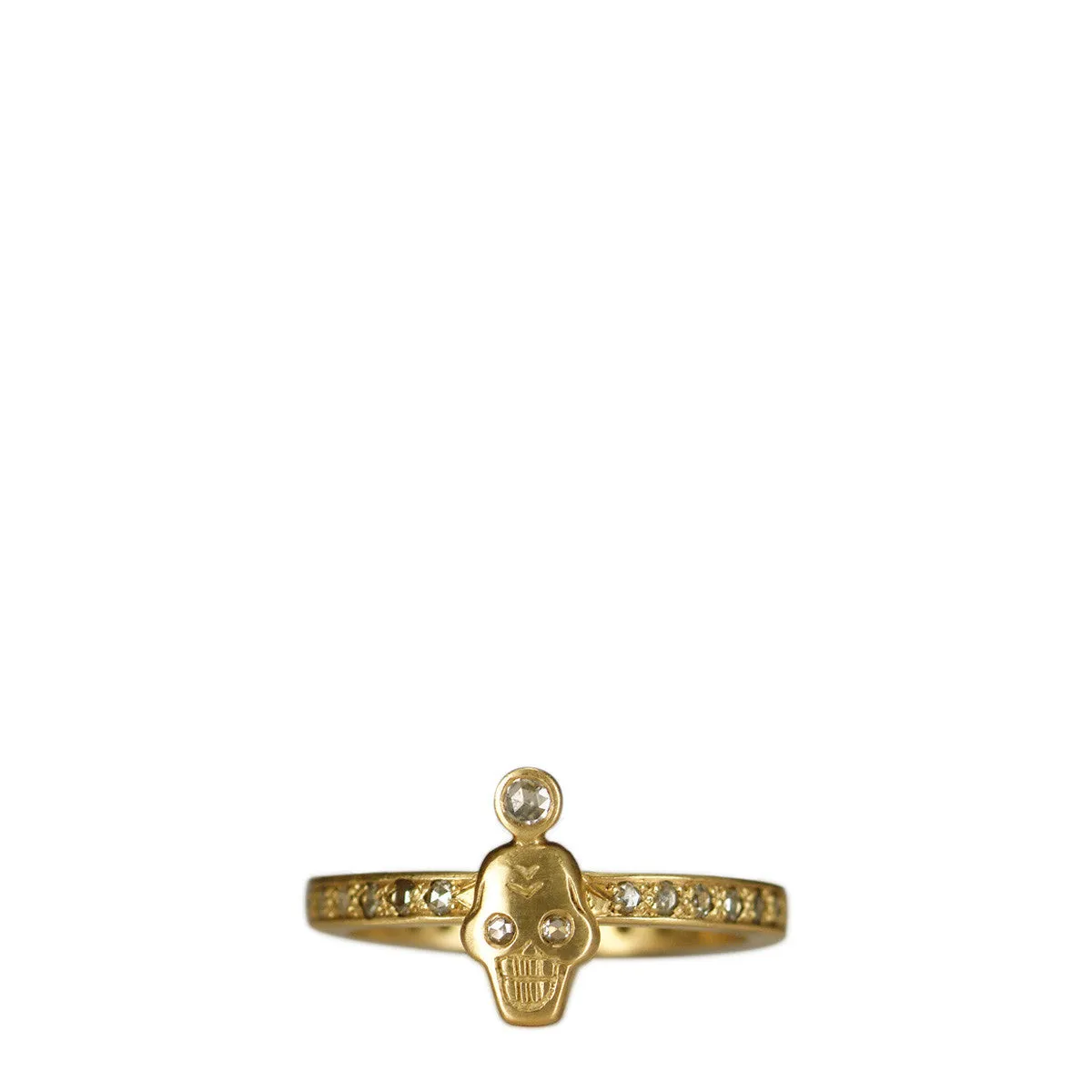 18K Gold Rose Cut Diamond Tiny Skull Ring with Crown