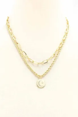 2 Layered Metal Chain Round Pendant Necklace