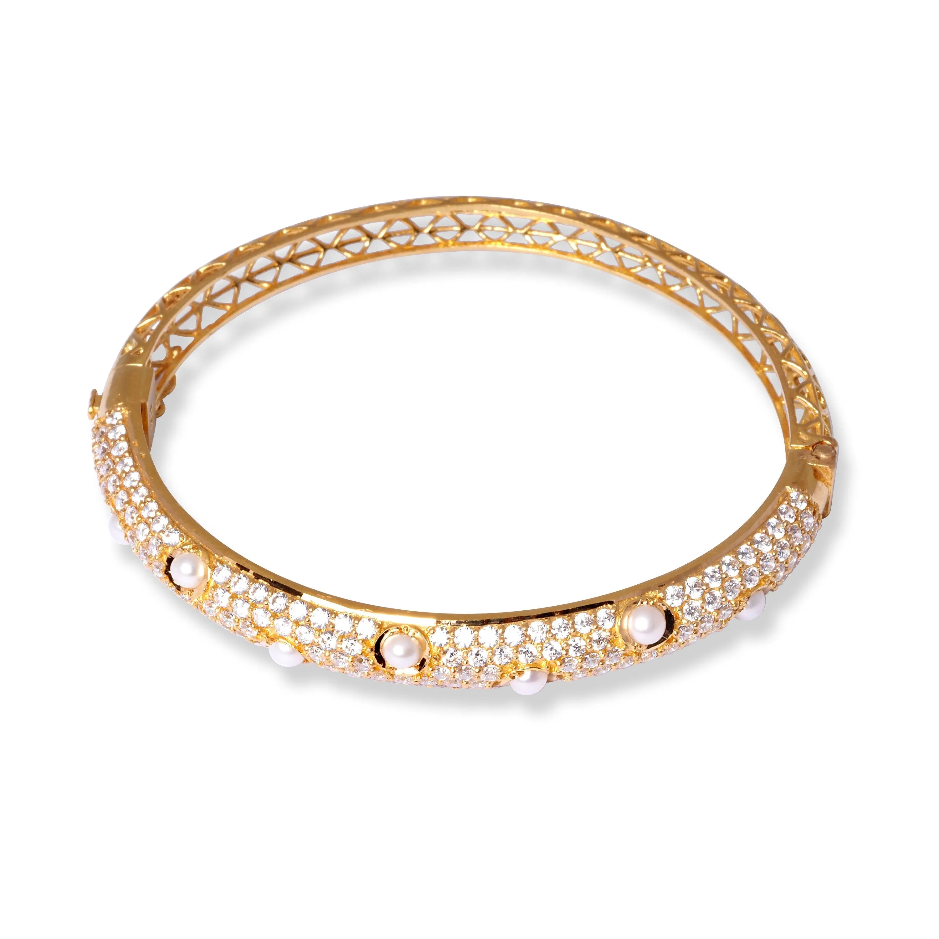 22ct Gold Openable Bangle with Cultured Pearls and Cubic Zirconia Stones B-8556