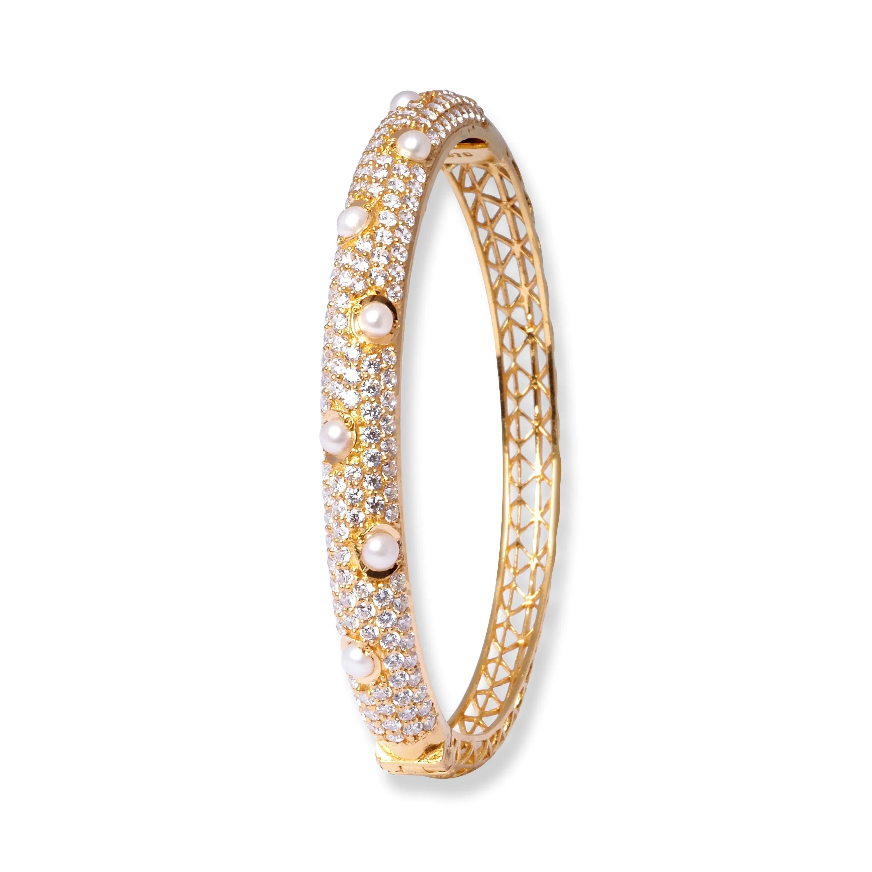 22ct Gold Openable Bangle with Cultured Pearls and Cubic Zirconia Stones B-8556