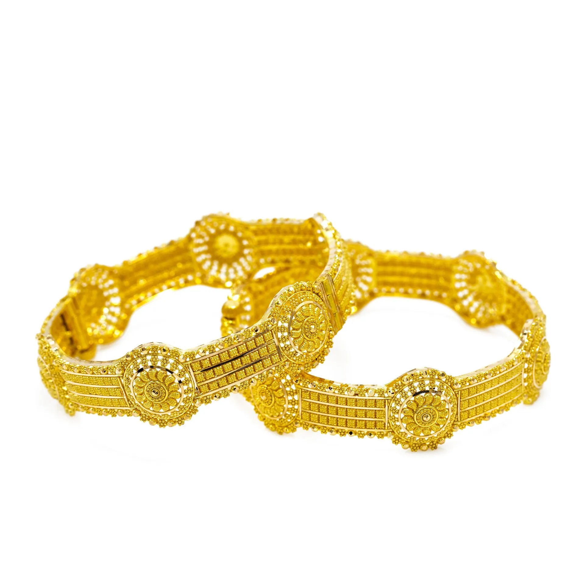 22K  Yellow Gold Bangles Set of 2 W/ Beaded Filigree & Round Shield Details
