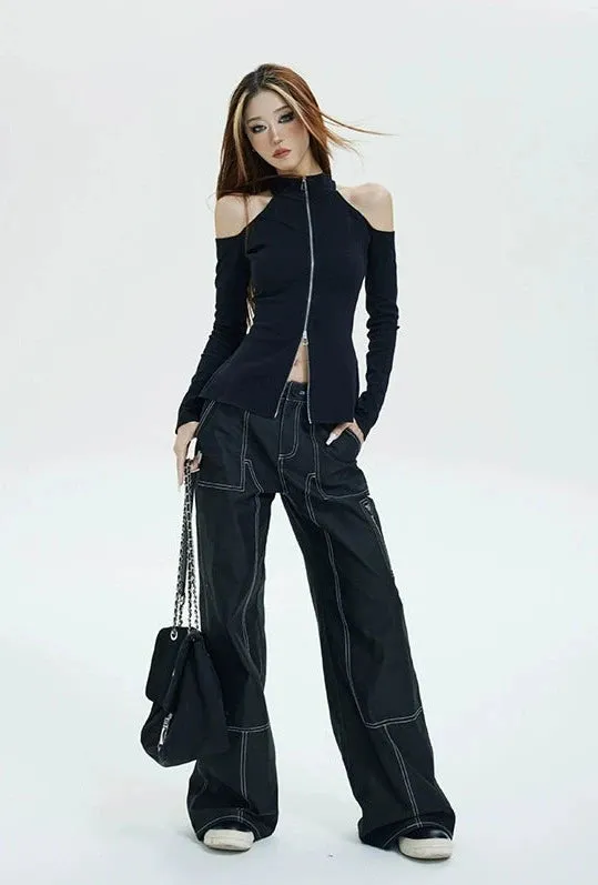 Asymmetrical Zipper Cold-Shoulder Long Sleeve Top