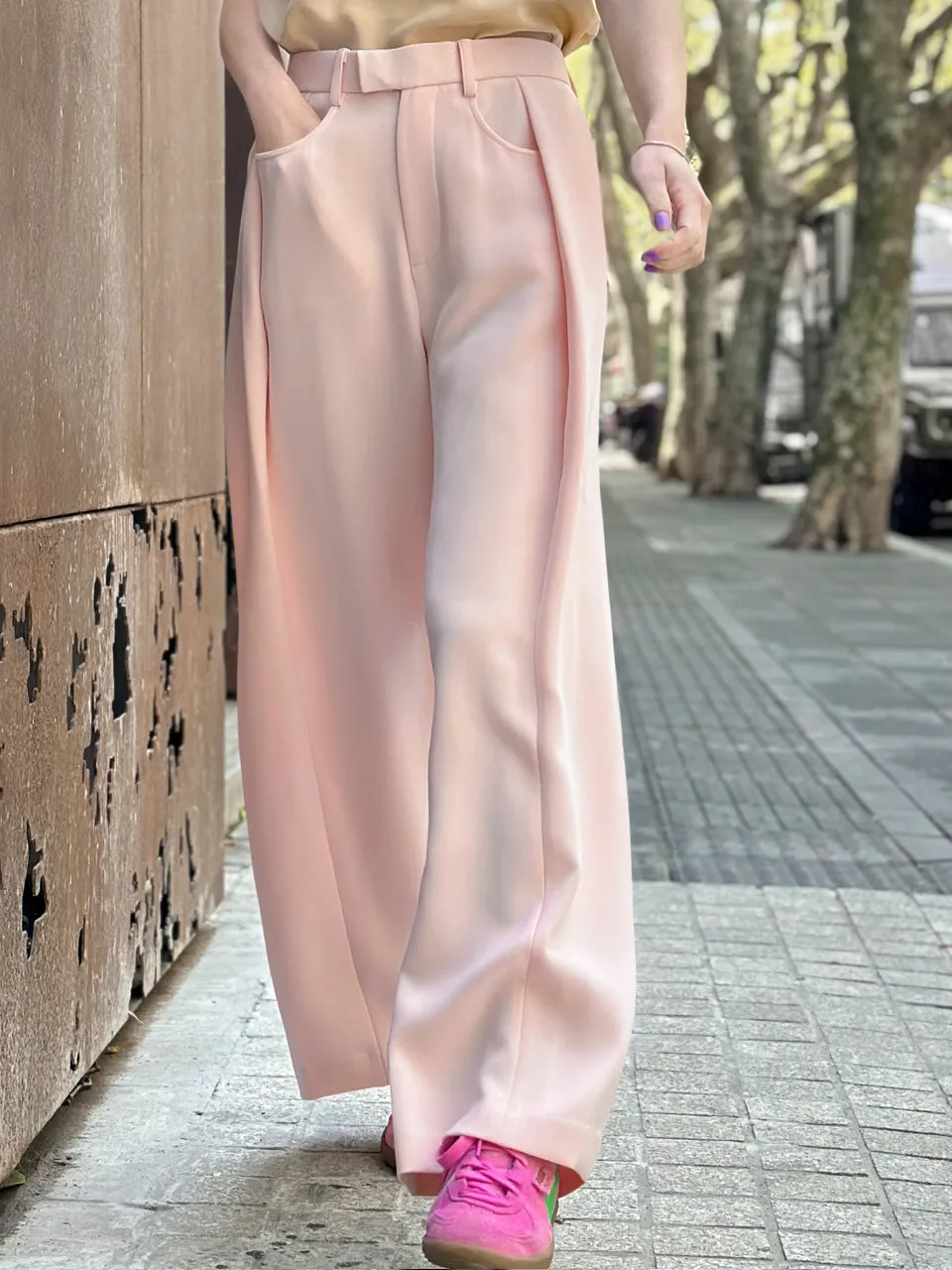 Baby Pink Pleat Front Detail Wide Leg Trousers