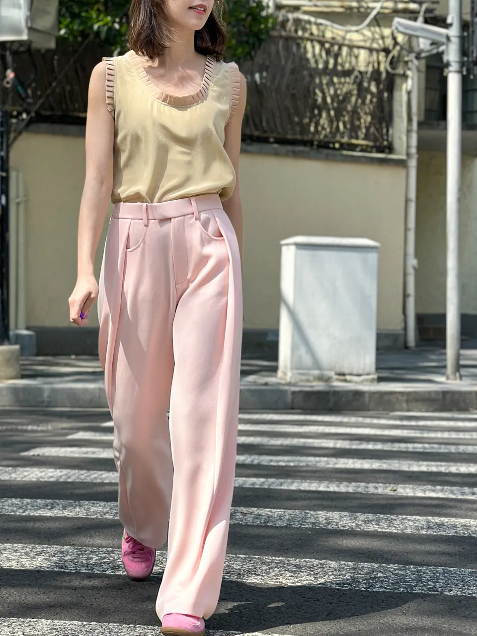 Baby Pink Pleat Front Detail Wide Leg Trousers