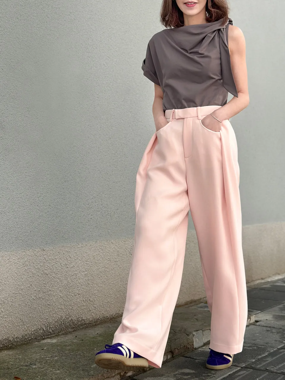 Baby Pink Pleat Front Detail Wide Leg Trousers