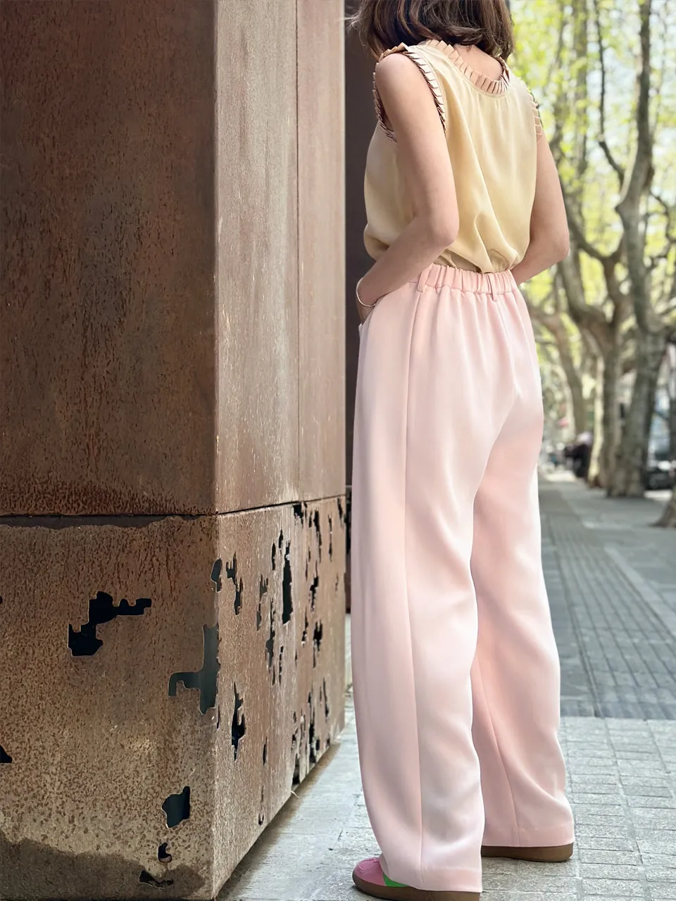Baby Pink Pleat Front Detail Wide Leg Trousers