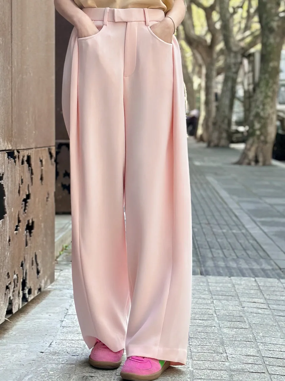 Baby Pink Pleat Front Detail Wide Leg Trousers