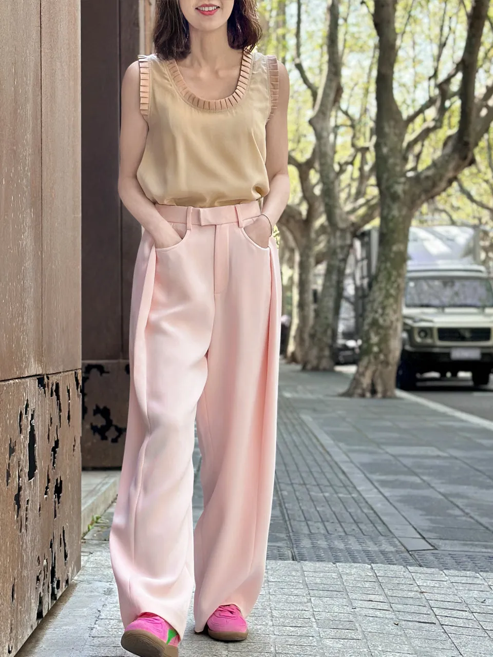 Baby Pink Pleat Front Detail Wide Leg Trousers