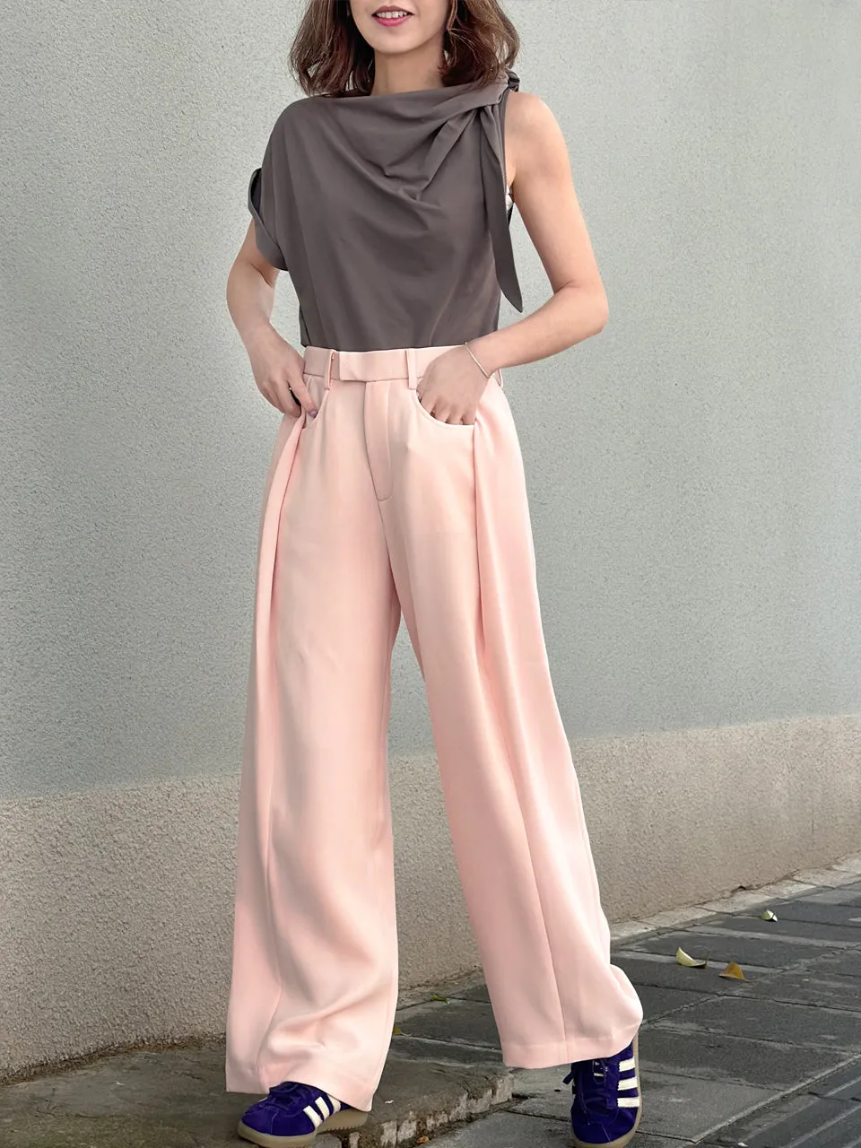 Baby Pink Pleat Front Detail Wide Leg Trousers