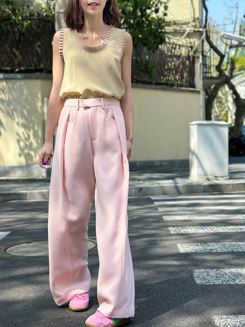Baby Pink Pleat Front Detail Wide Leg Trousers