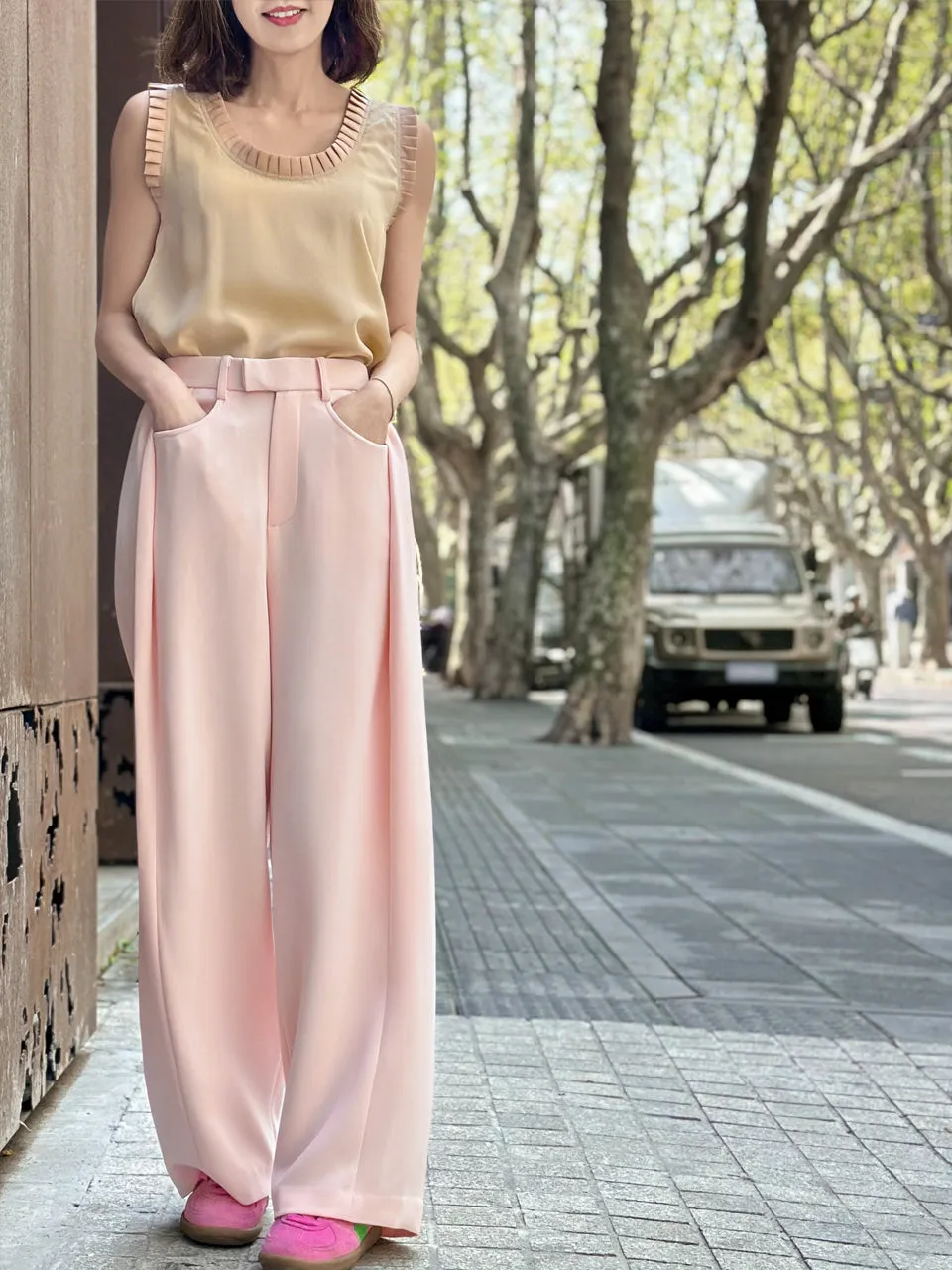 Baby Pink Pleat Front Detail Wide Leg Trousers