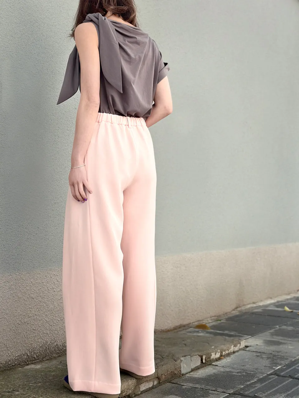 Baby Pink Pleat Front Detail Wide Leg Trousers