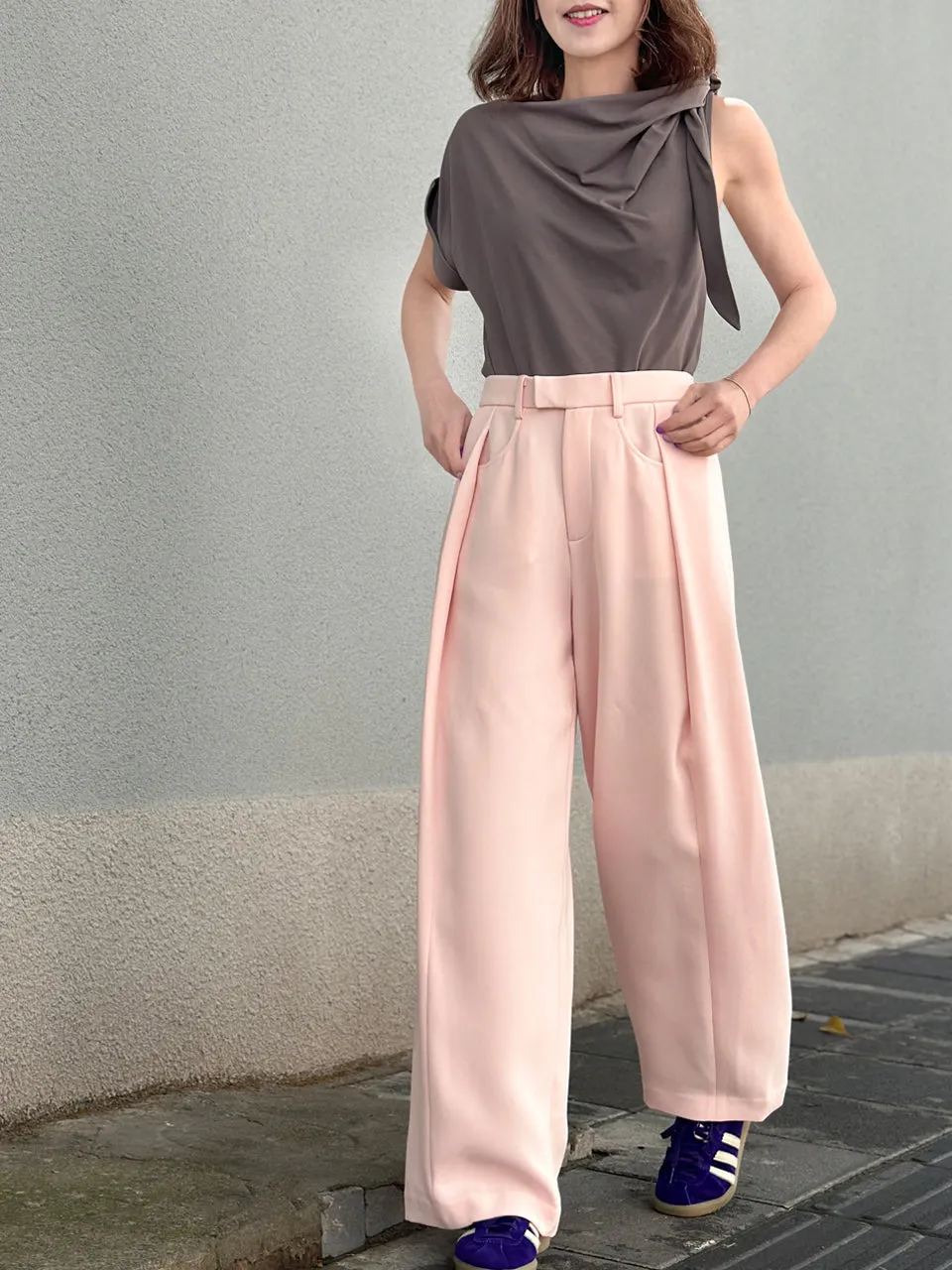Baby Pink Pleat Front Detail Wide Leg Trousers