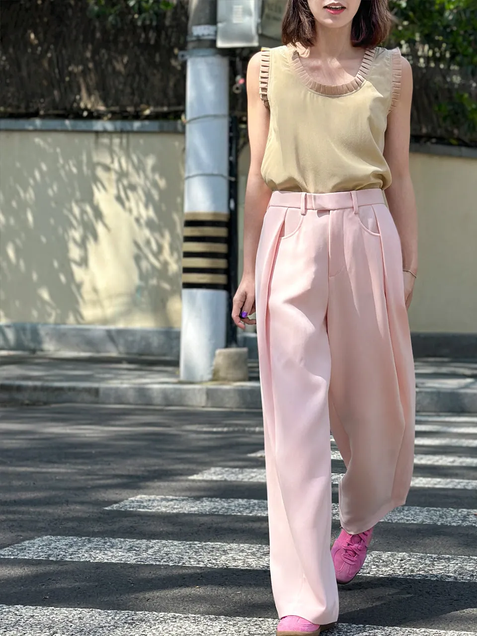 Baby Pink Pleat Front Detail Wide Leg Trousers