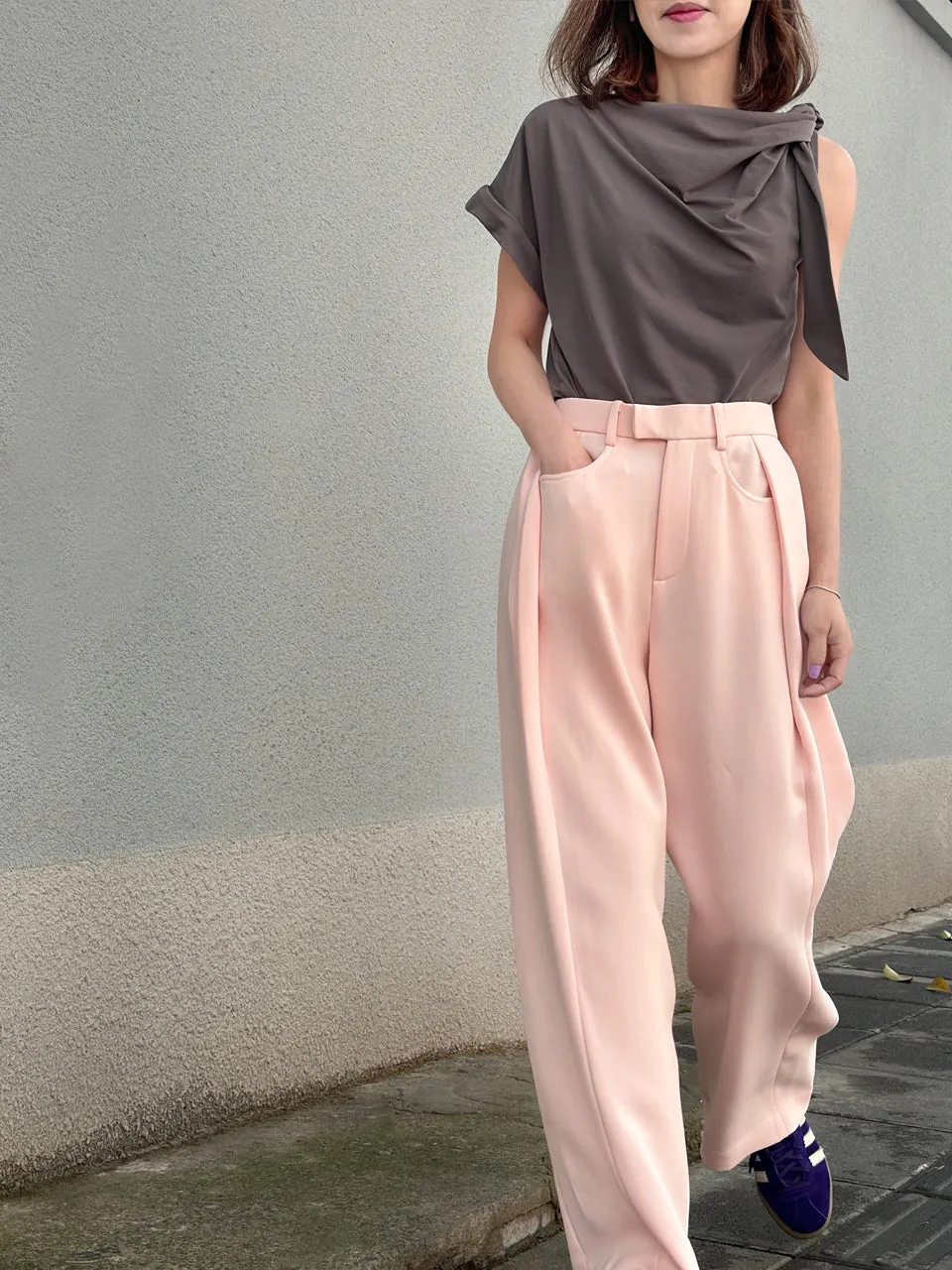 Baby Pink Pleat Front Detail Wide Leg Trousers