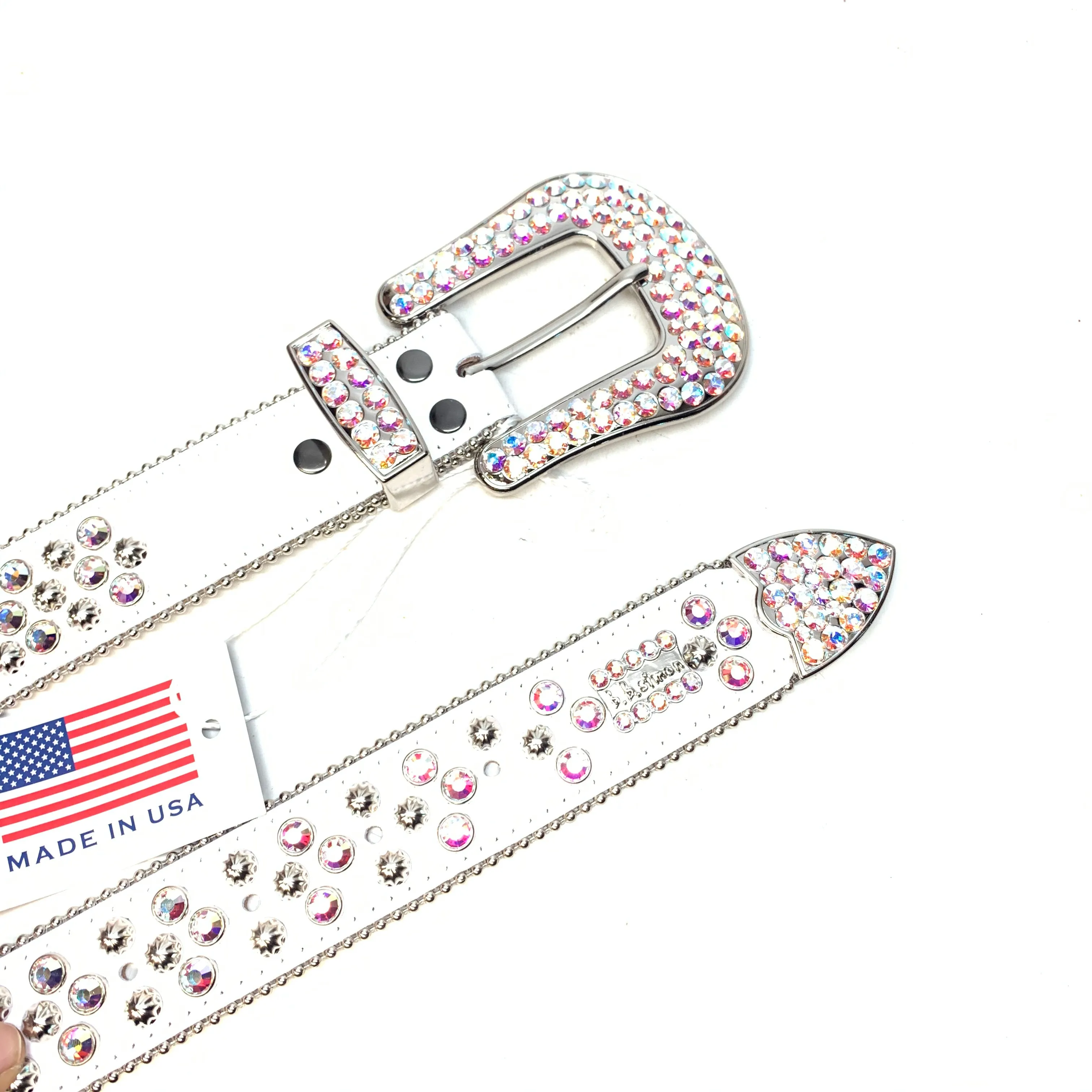 b.b. Simon White Iridescent 3-Row Studded Crystal Belt