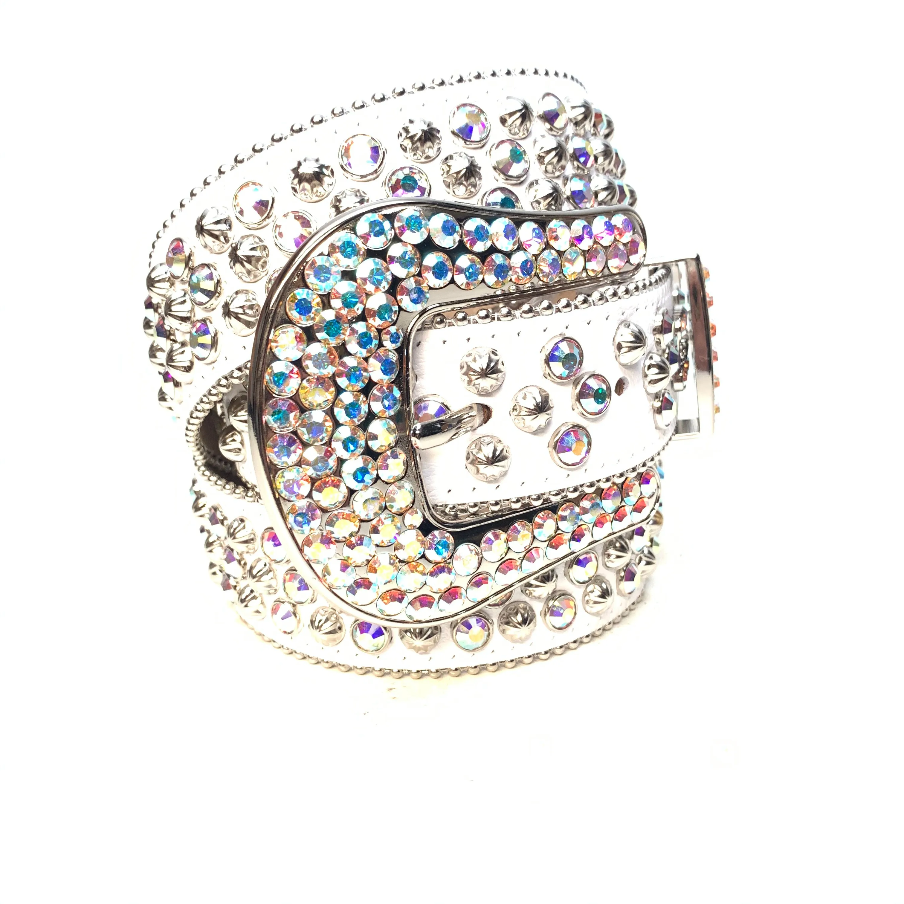 b.b. Simon White Iridescent 3-Row Studded Crystal Belt