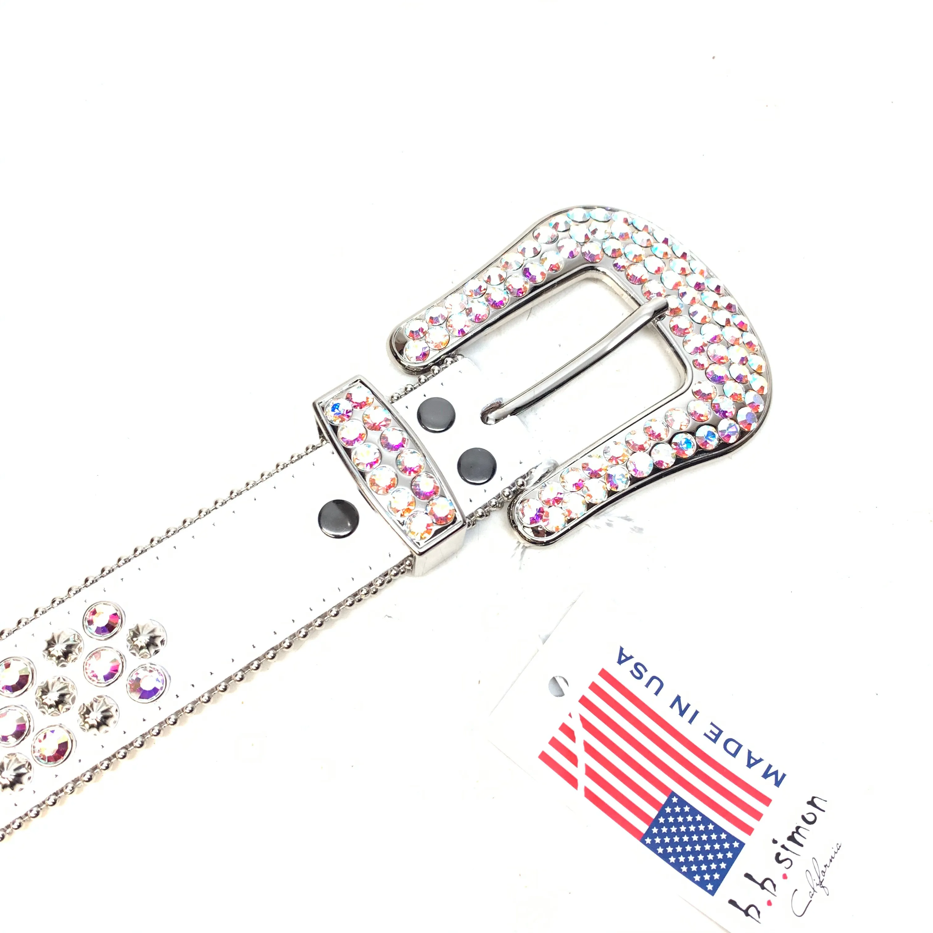 b.b. Simon White Iridescent 3-Row Studded Crystal Belt