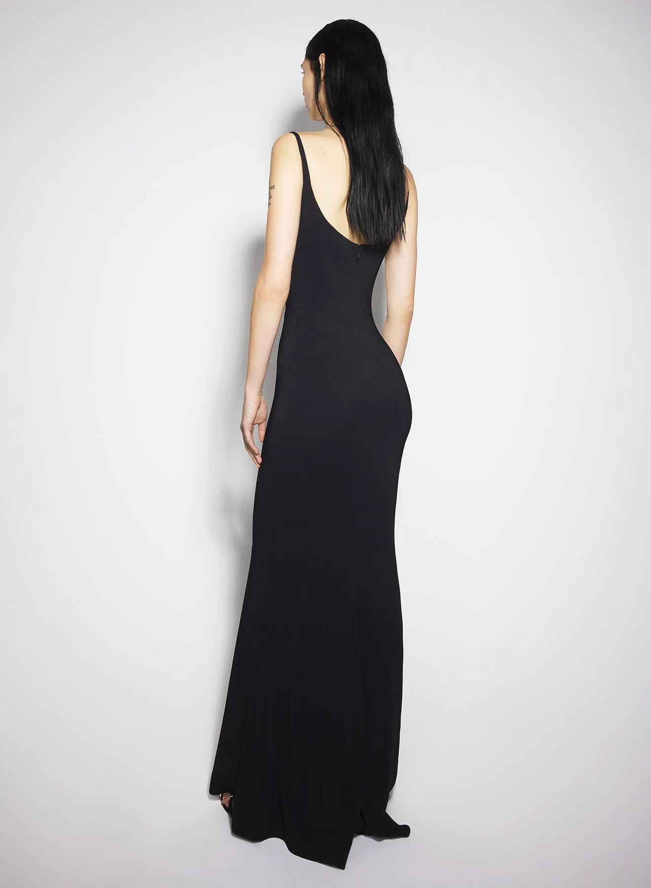 black crepe gown with metallic detail