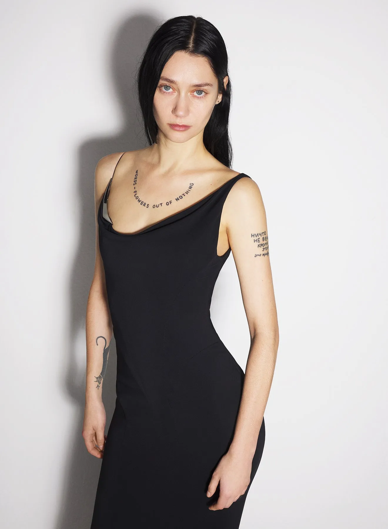 black crepe gown with metallic detail