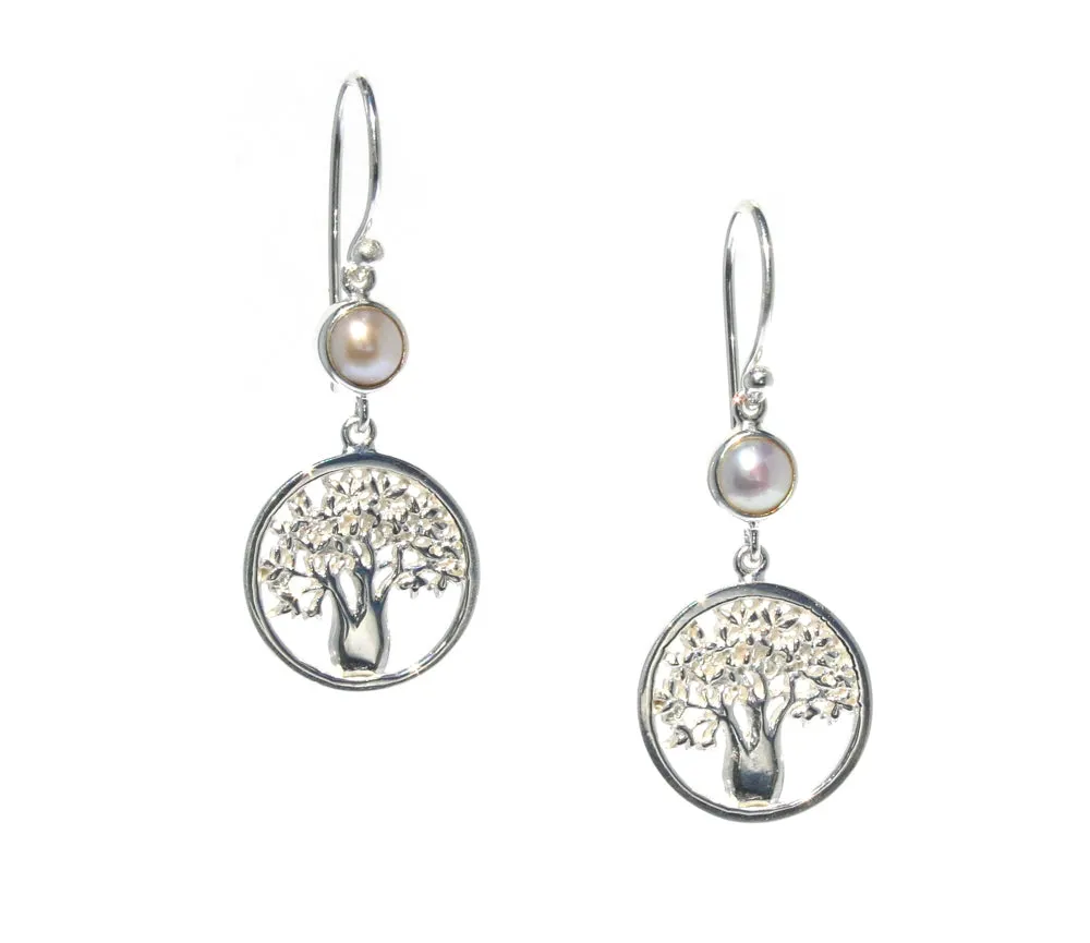 Boab Circle of Life Earrings with Bezel Set Pearl