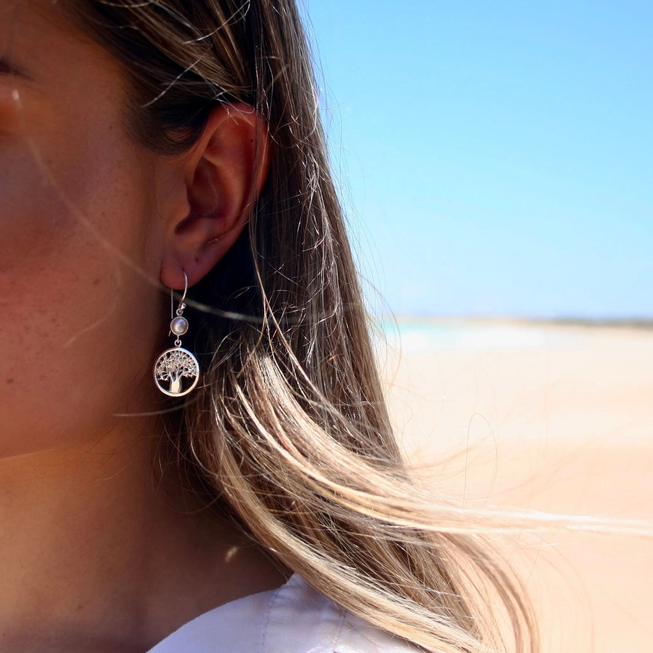 Boab Circle of Life Earrings with Bezel Set Pearl