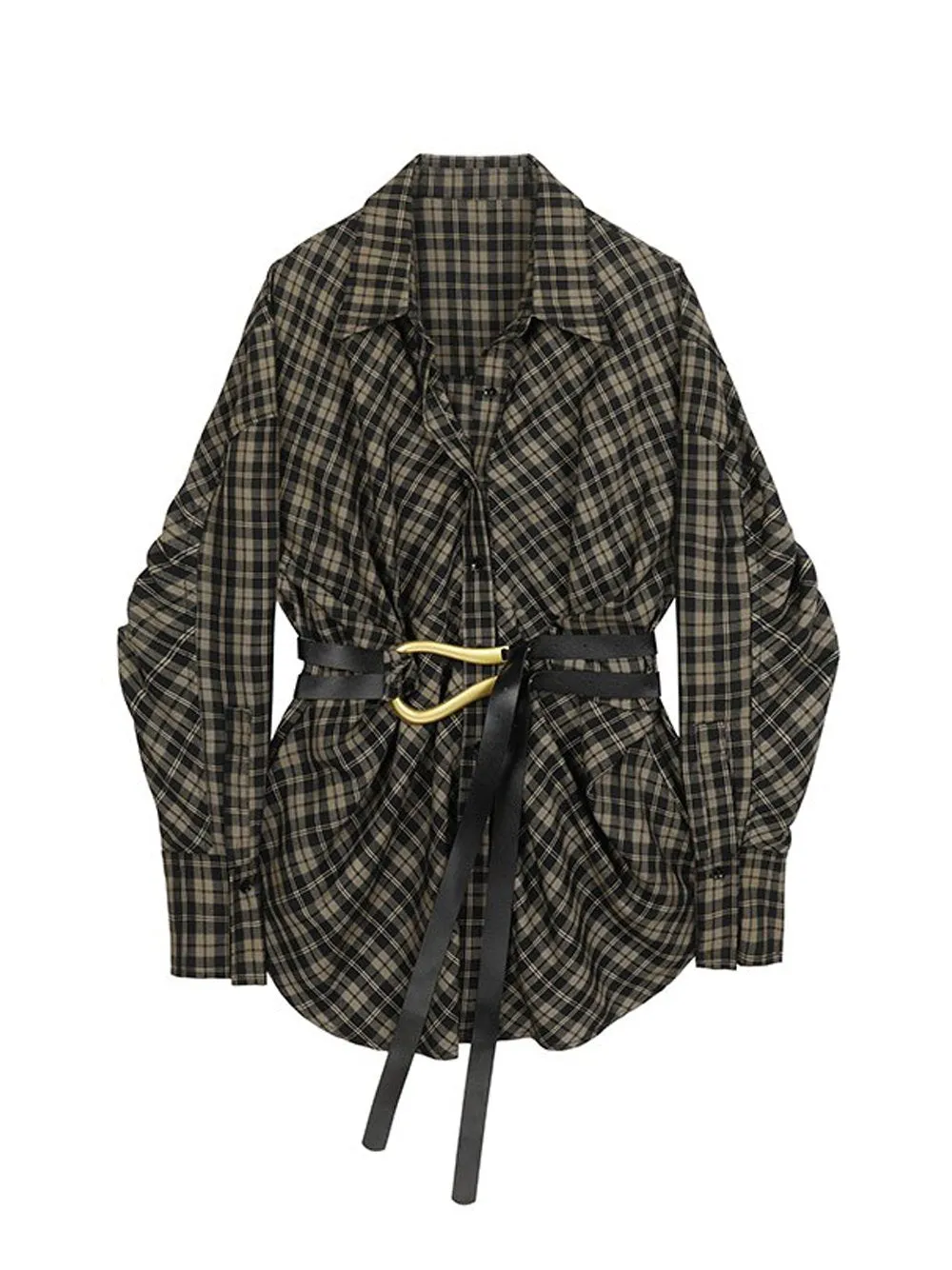 BRISA Belted Plaid Shirt Dress