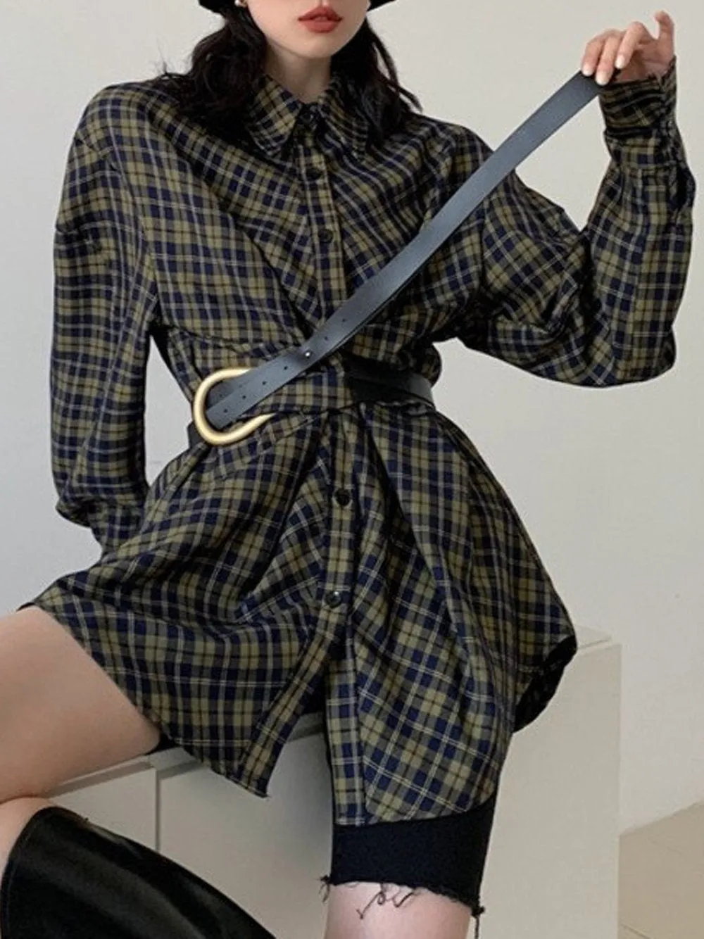 BRISA Belted Plaid Shirt Dress