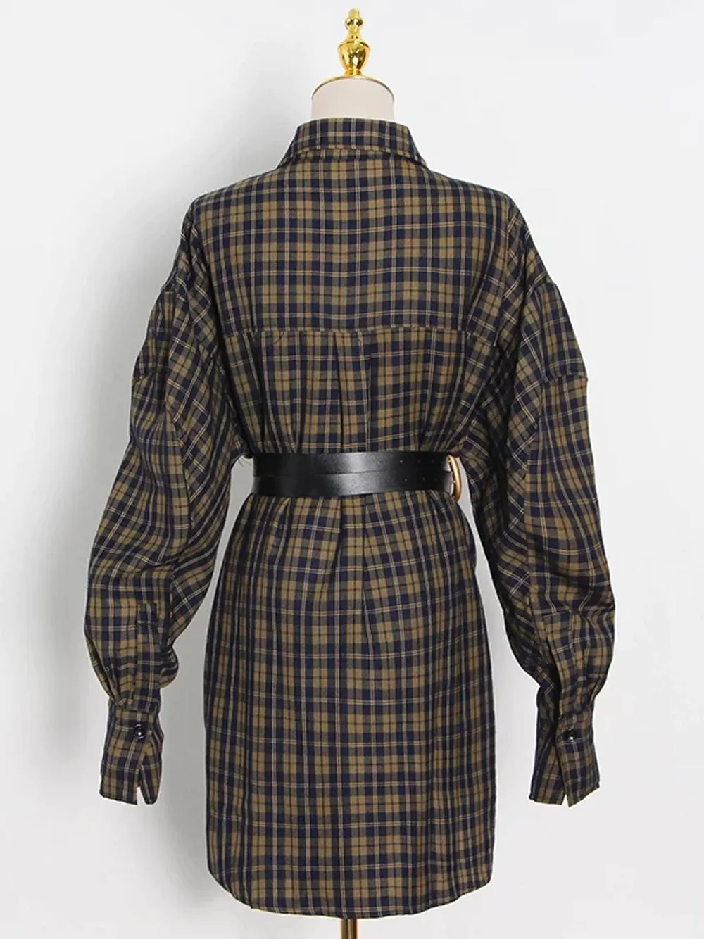 BRISA Belted Plaid Shirt Dress