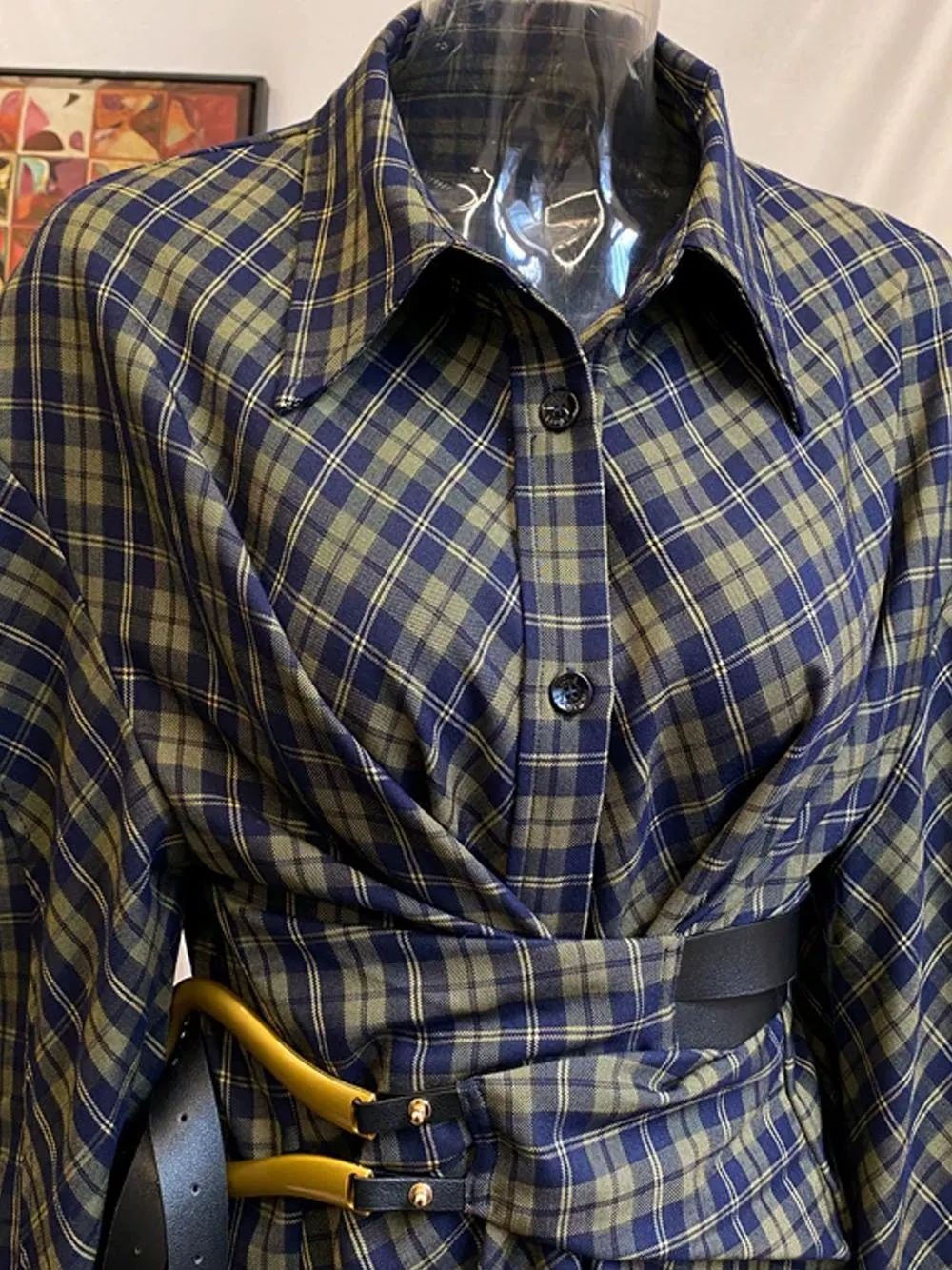 BRISA Belted Plaid Shirt Dress