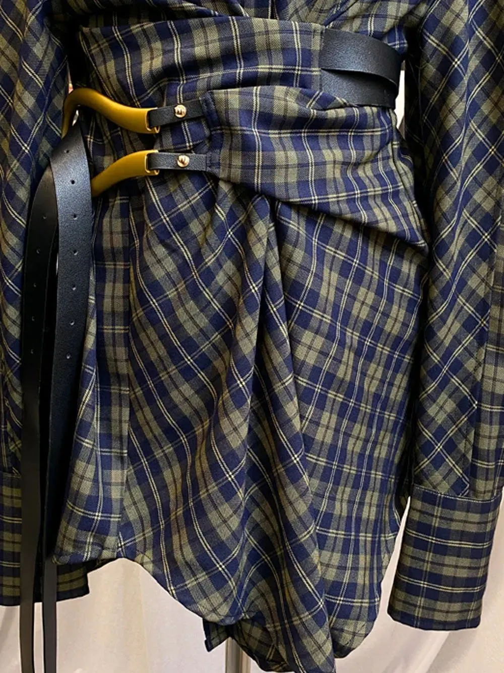 BRISA Belted Plaid Shirt Dress