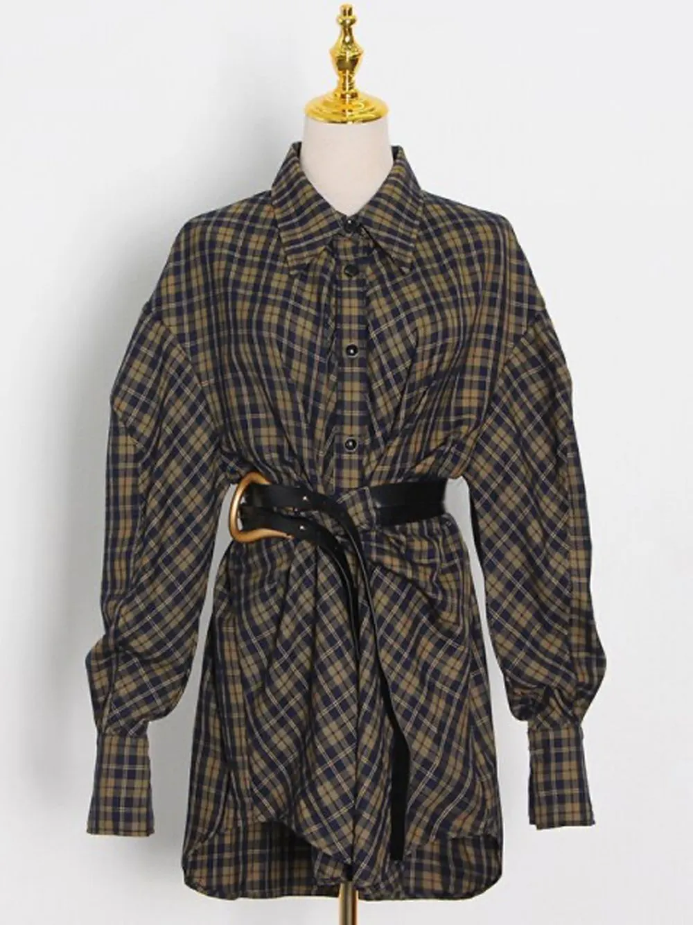 BRISA Belted Plaid Shirt Dress