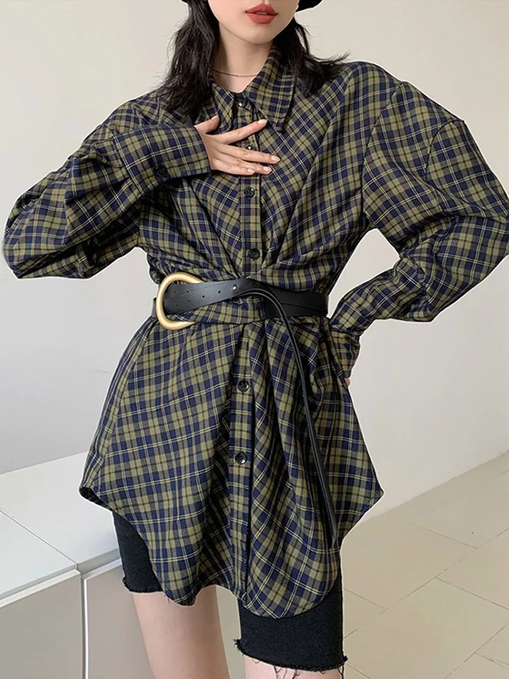BRISA Belted Plaid Shirt Dress