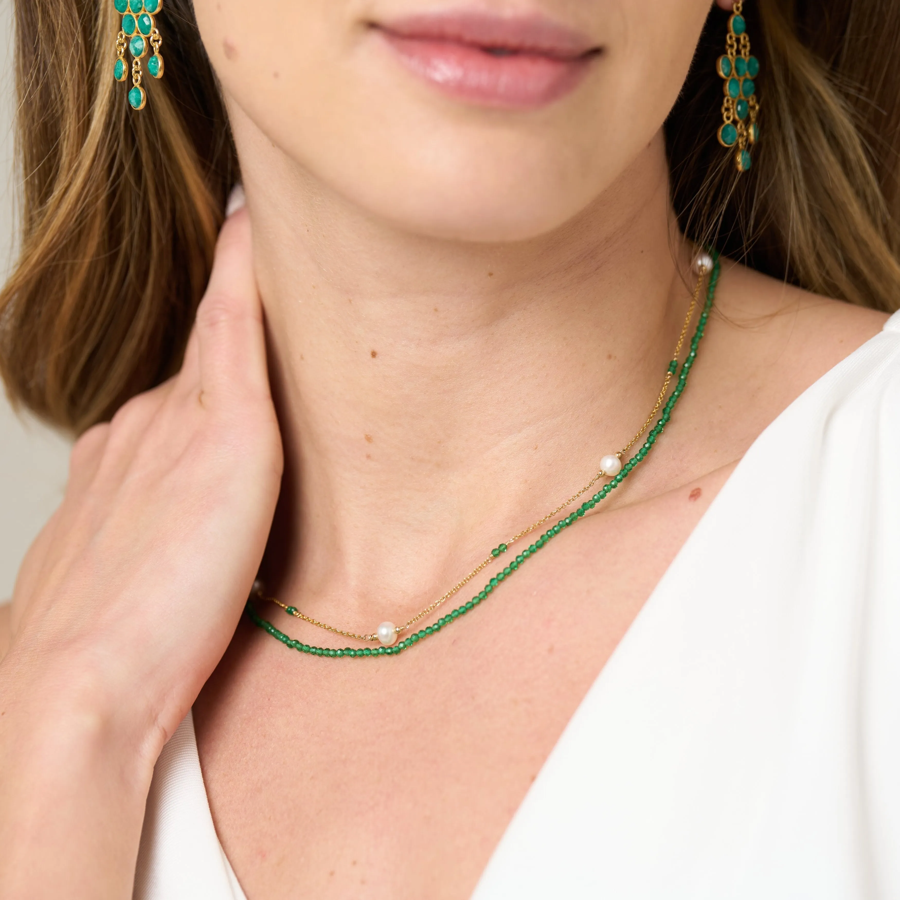 Clara fine double chain set with faceted emerald green crystal & cultured freshwater pearls