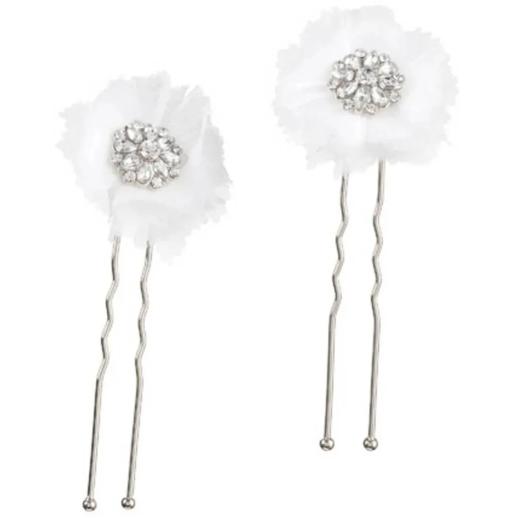 David Tutera Bridal Hair Pins: Silver Flower w/Rhinestones & Netting, 2 pieces