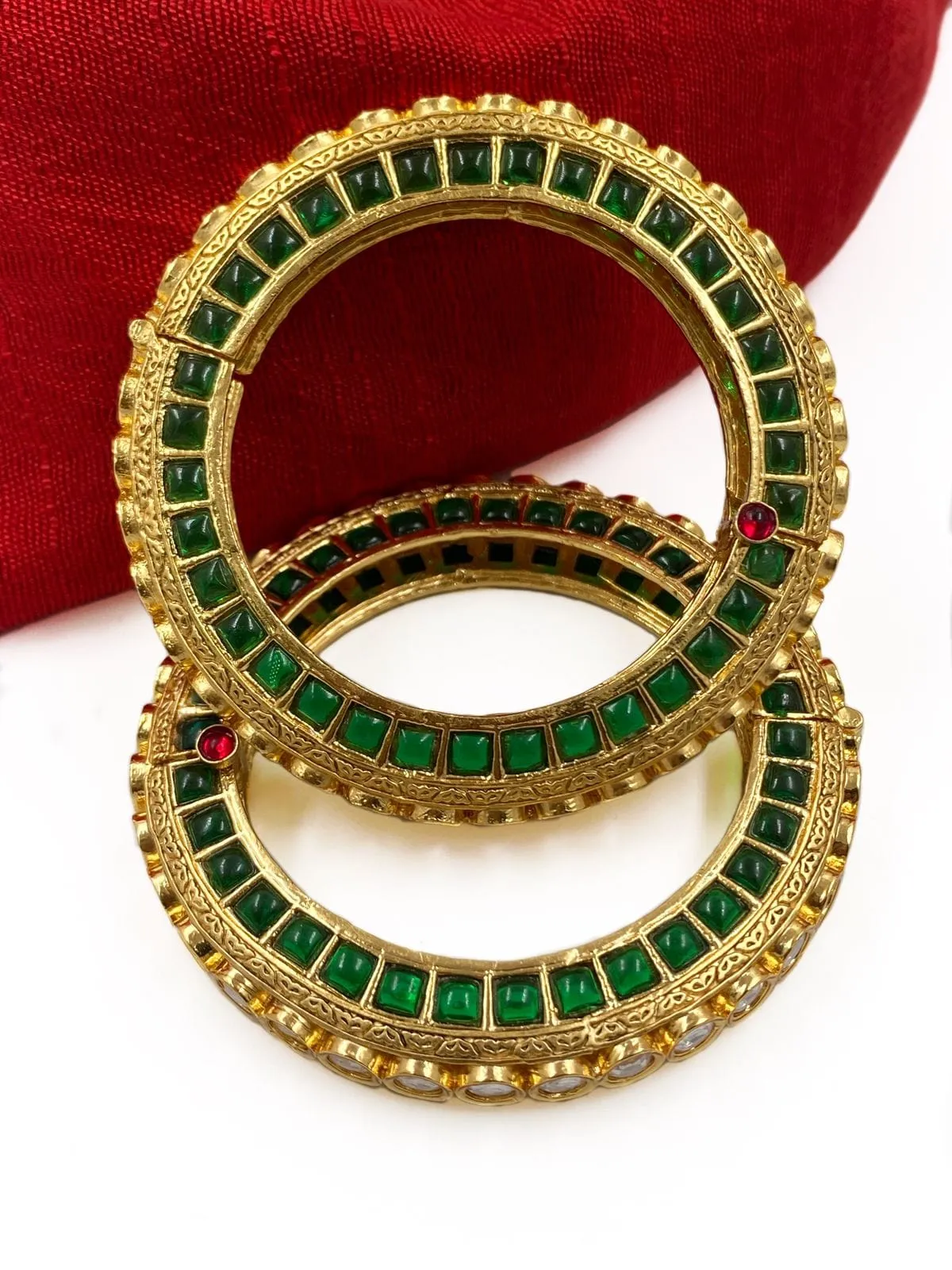 Designer Gold Plated Studded Emerald Stone And Kundan Openable Bangles For Women By Gehna Shop