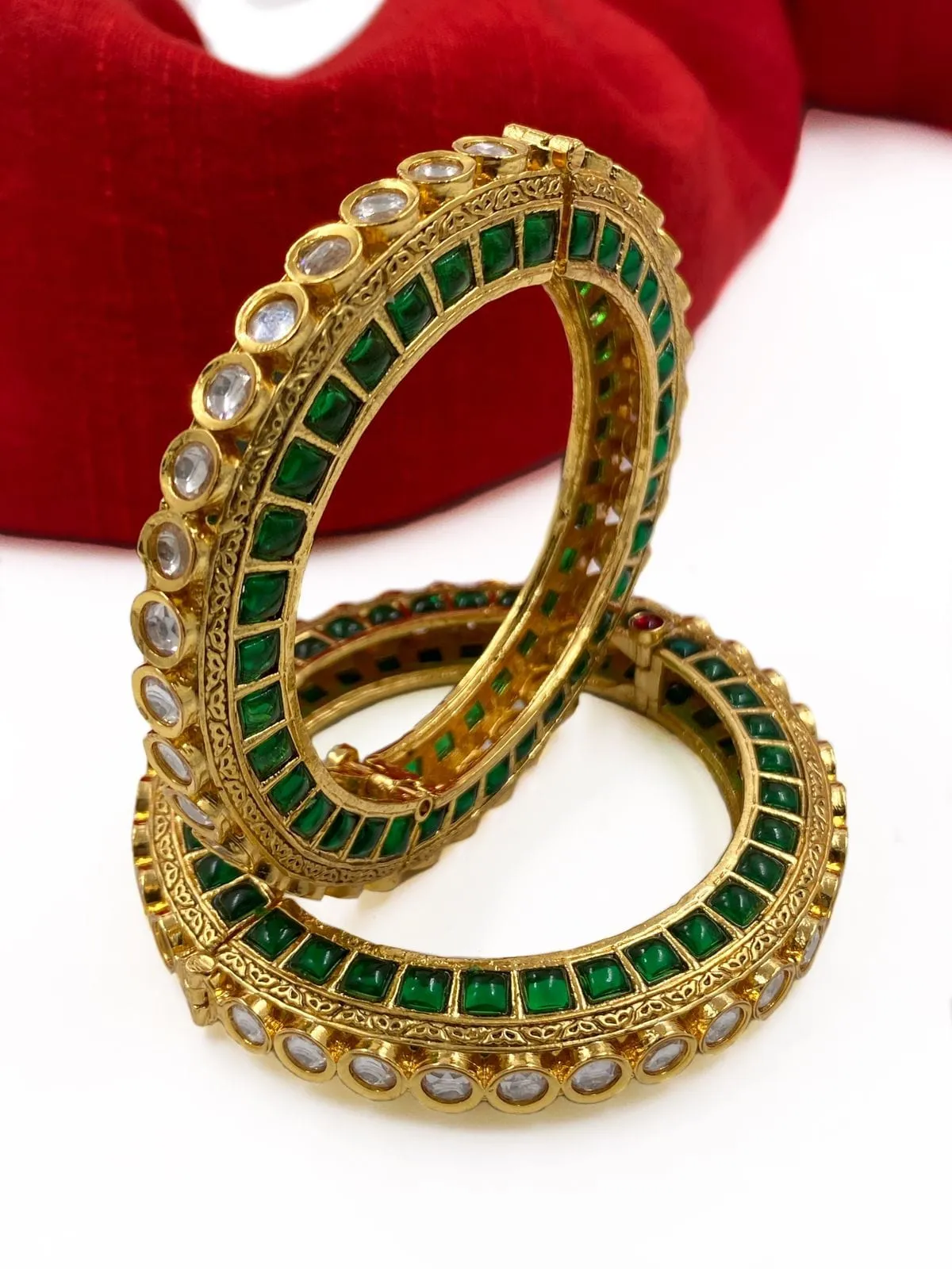 Designer Gold Plated Studded Emerald Stone And Kundan Openable Bangles For Women By Gehna Shop