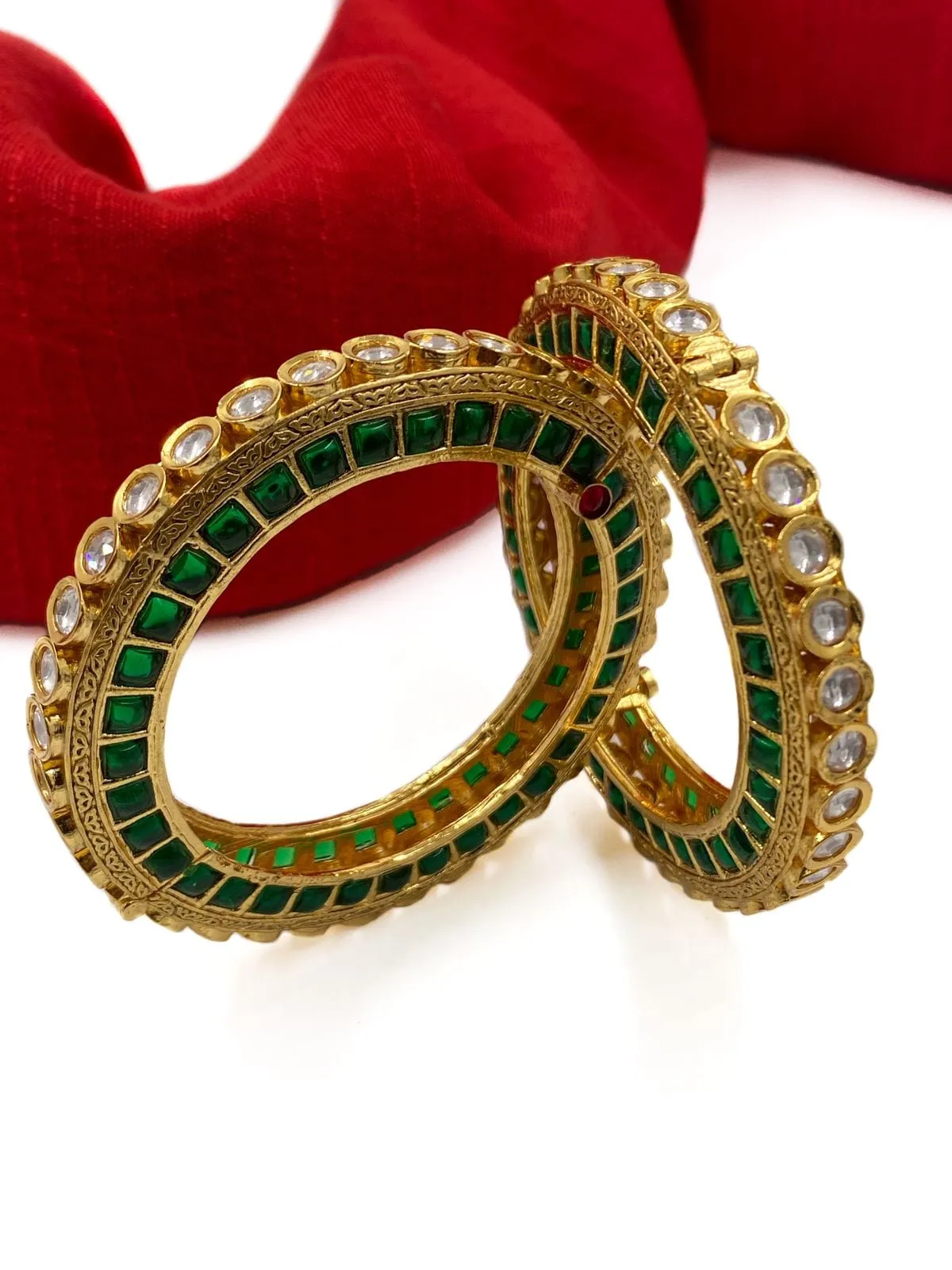 Designer Gold Plated Studded Emerald Stone And Kundan Openable Bangles For Women By Gehna Shop