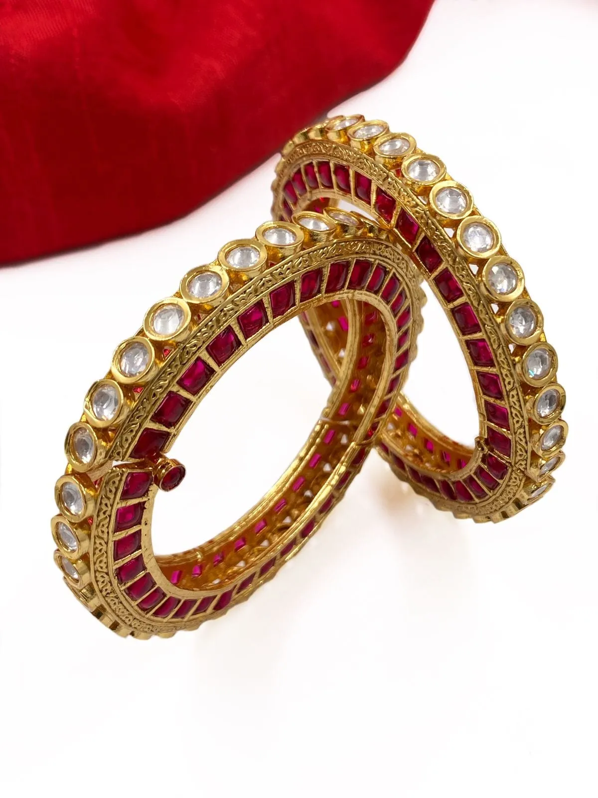 Designer Gold Plated Studded Ruby And Kundan Openable Bangles For Women By Gehna Shop
