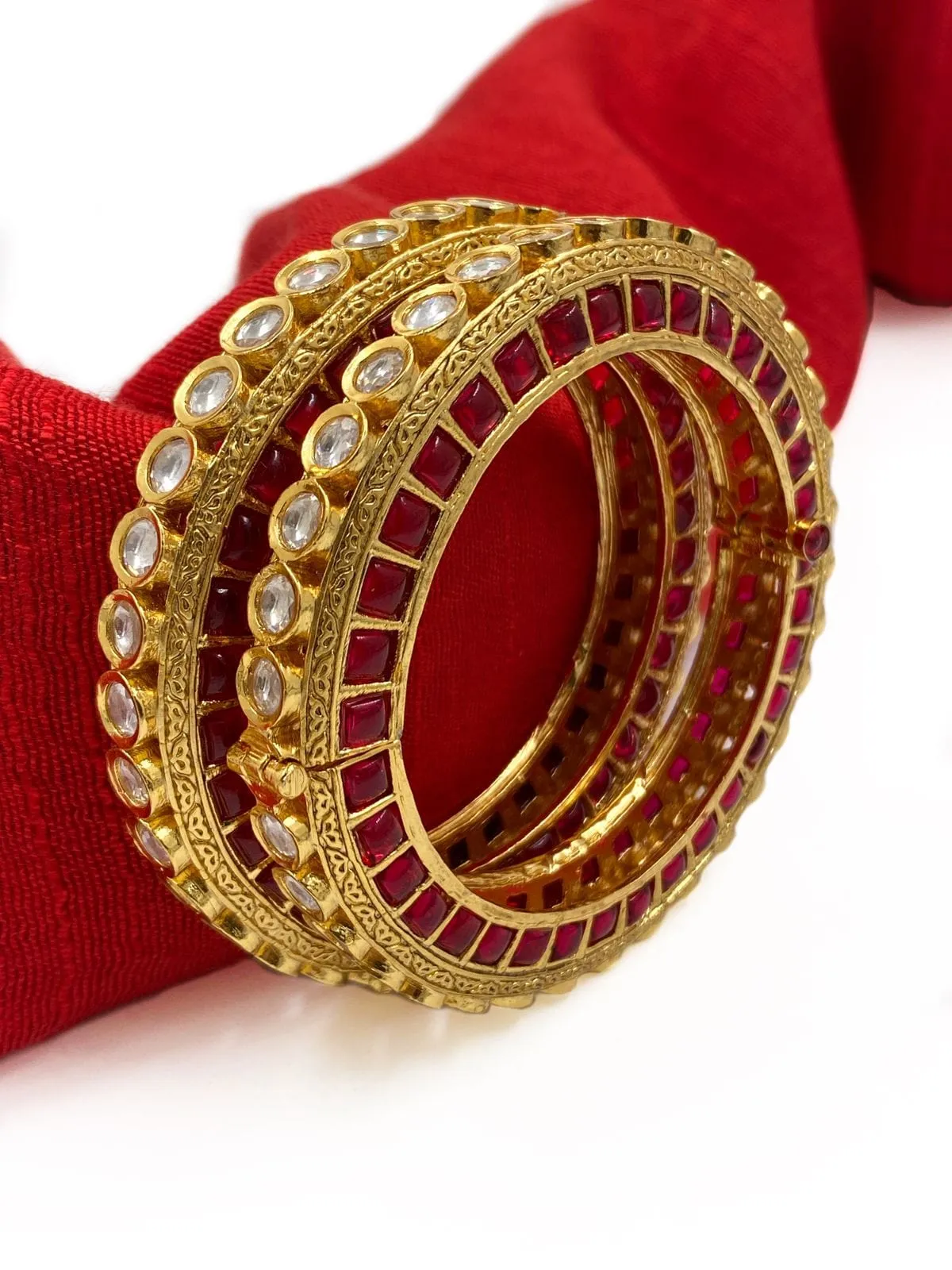 Designer Gold Plated Studded Ruby And Kundan Openable Bangles For Women By Gehna Shop