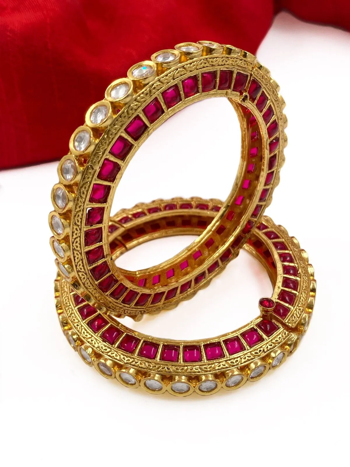Designer Gold Plated Studded Ruby And Kundan Openable Bangles For Women By Gehna Shop