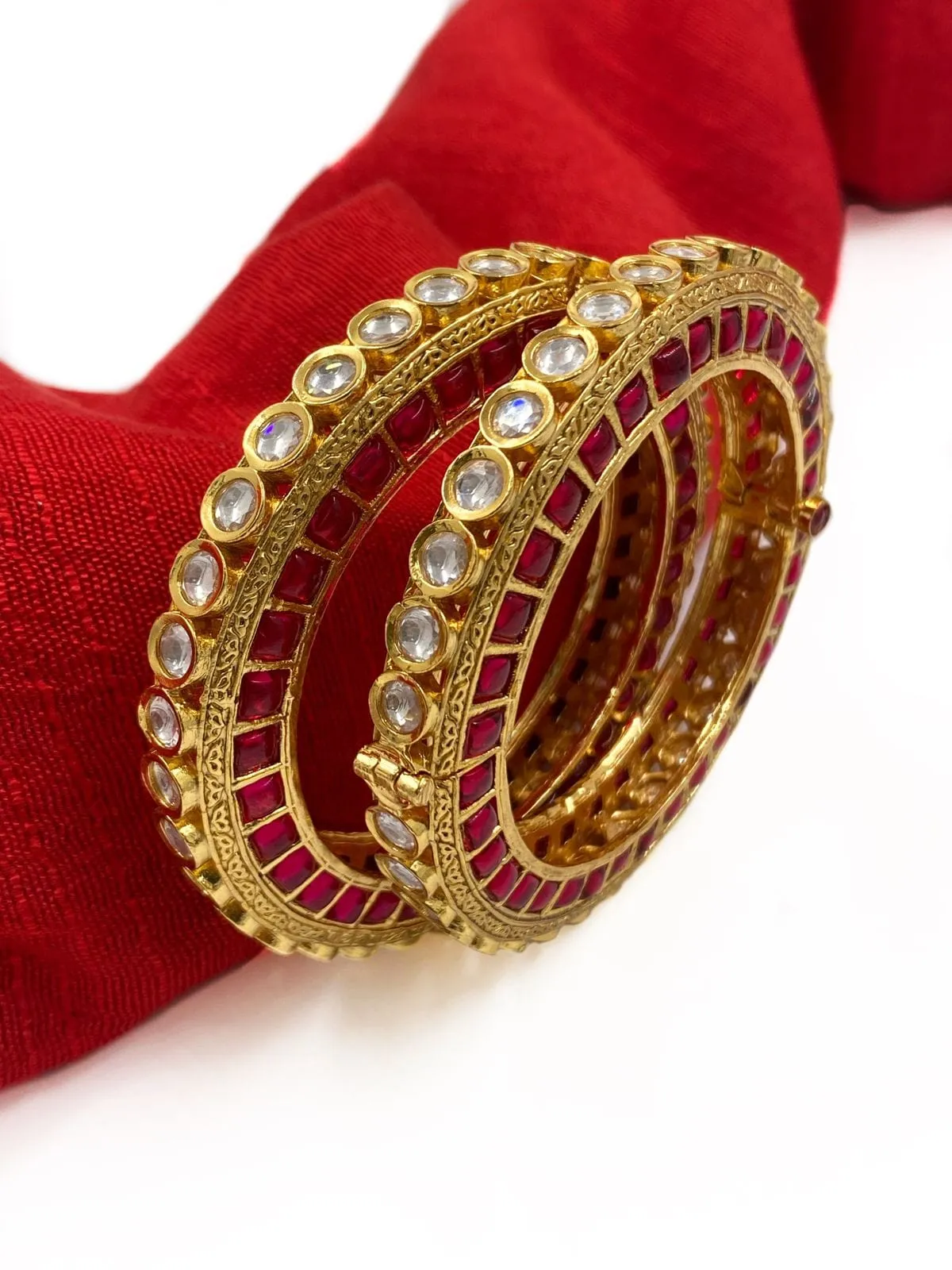 Designer Gold Plated Studded Ruby And Kundan Openable Bangles For Women By Gehna Shop