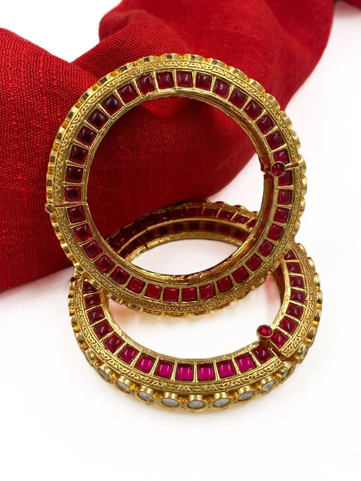 Designer Gold Plated Studded Ruby And Kundan Openable Bangles For Women By Gehna Shop