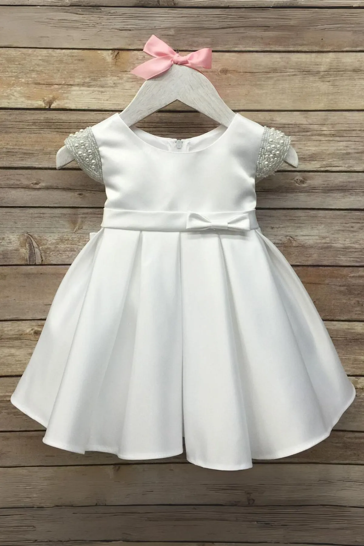 Elsie Dull Satin Baby Dress with Beaded Capped Sleeves