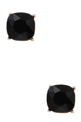 Faceted Glass Square Jewel Statement Stud Earrings- Black
