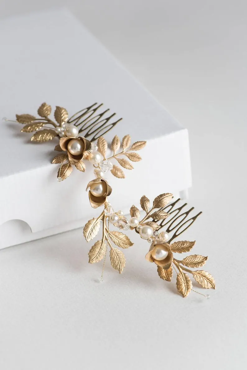 Gold leaf and flower hair vine with pearls and crystals