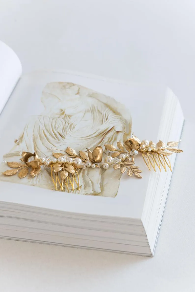 Gold leaf and flower hair vine with pearls and crystals