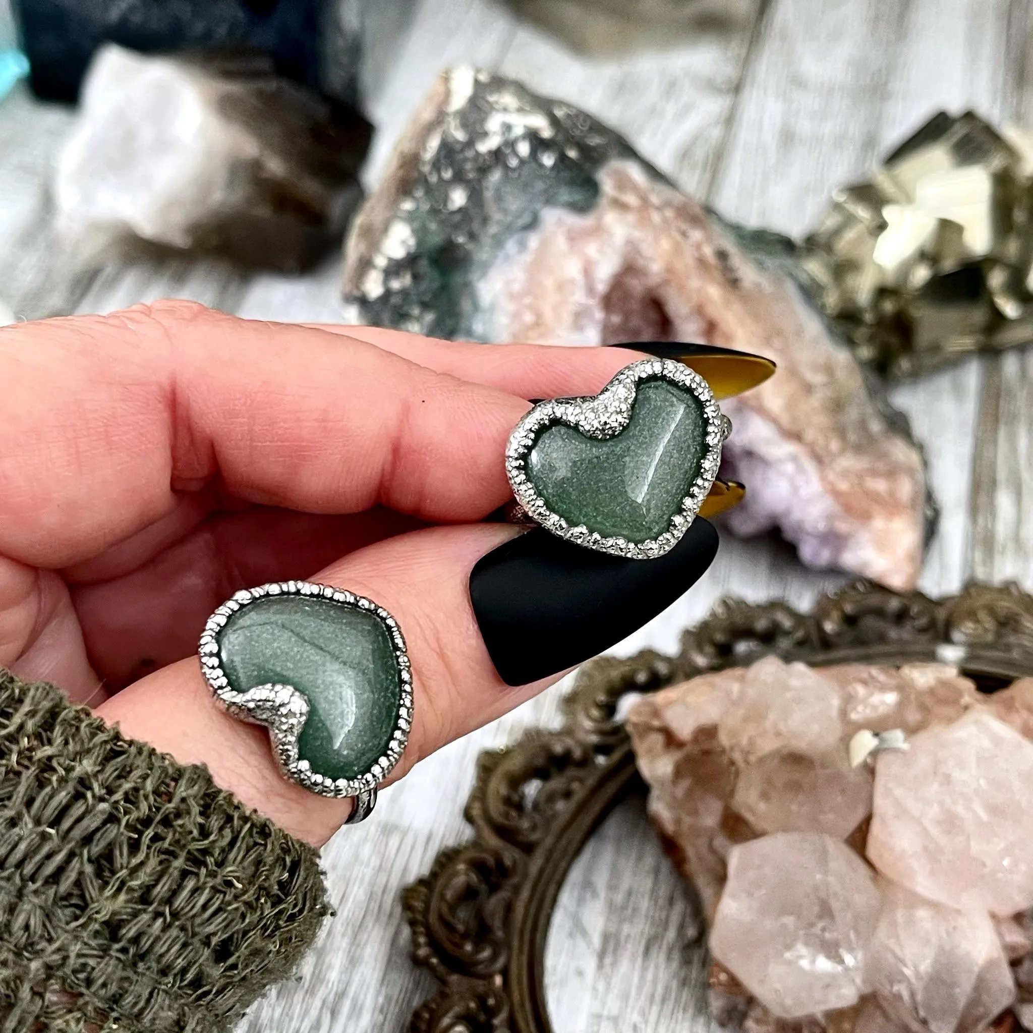Green Aventurine Heart Ring Silver Size 6 7 8 9 10  / Foxlark Collection
